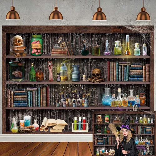 Miniatura 3 de Mad Scientist Laboratory - Telón de fondo para Halloween, escuela mágica, espeluznante, calavera, veneno, boticario, bruja, cocina, Halloween