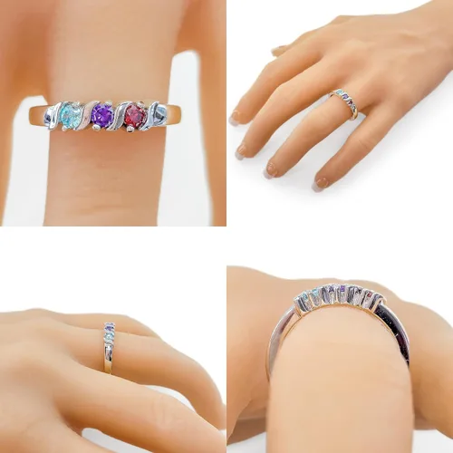 Miniatura 4 de Anillo Central Diamond Center Nana con barra en S, 1 a 6 piedras natales, en plata u oro blanco, amarillo o rosa de 10 quilates, para madres