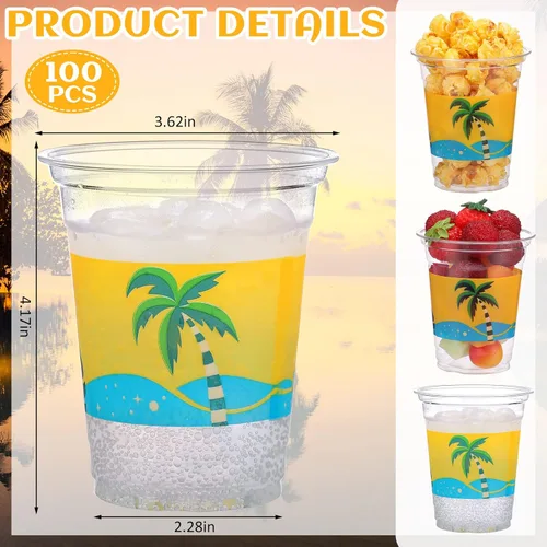 Miniatura 2 de Rtteri 100 tazas Luau de 12 onzas, vasos de plástico hawaiano tropical para fiesta, a granel, vasos desechables de palmera de coco y coco
