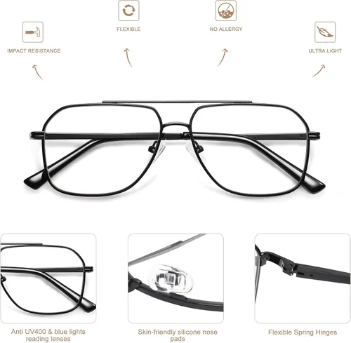 Miniatura 4 de AMOMOMA Anteojos de lectura estilo aviador retro con luz azul para mujeres y hombres, marco grande de metal para lector de computadora AM6133
