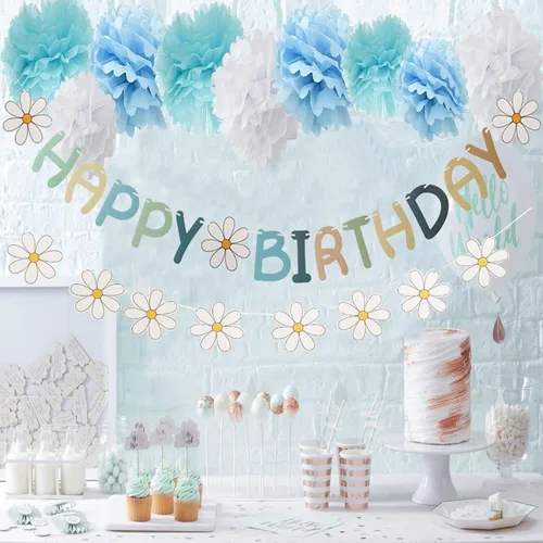 Miniatura 4 de Cartel de feliz cumpleaños con diseño de margarita para niños y adultos, decoración de fiesta de cumpleaños (azul + blanco)