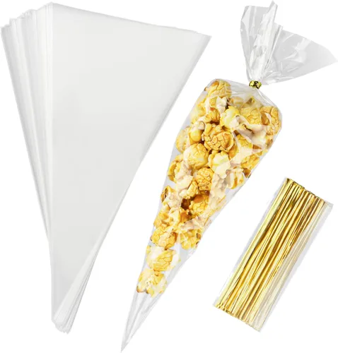 Miniatura 7 de 100 bolsas de golosinas en forma de cono – 11.8 x 6.3 pulgadas, triángulo con lazos, plástico transparente para palomitas de maíz, galletas, dulces