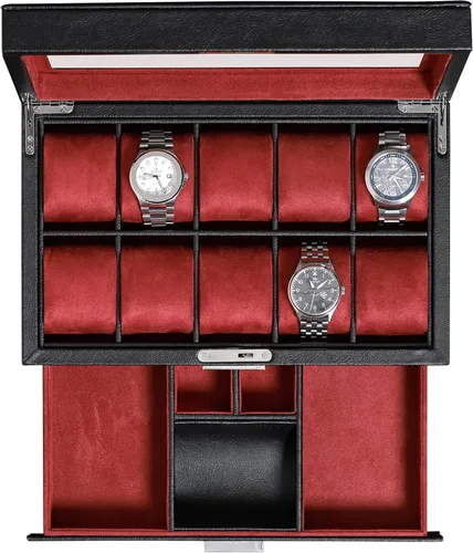 Miniatura 31 de ROTHWELL Caja de reloj de cuero de 10 ranuras con cajón de valet, organizador de exhibición de lujo con forro de microgamuza ultrasuave, soporte