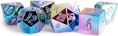 FanRoll - Rainbow Aegis Uninked: 0.630 in de acrílico chapado en aluminio, juego de 7 piezas de dados de metal poliédrico para Calabozos y Dragones