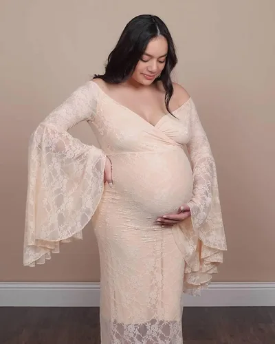 Miniatura 7 de Saslax Vestido de maternidad de encaje con hombros descubiertos para fotografía, maxi accesorios de maternidad, vestidos para sesión de fotos, baby