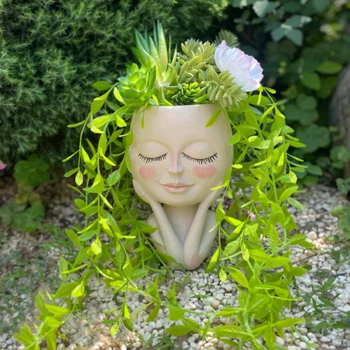 Miniatura 8 de Maceta con Rostro - Macetas Dobles para Plantas de Interior y Exterior, Resina, Cabeza de Planta con Agujero de Drenaje, Linda Cara de Dama, Macetas
