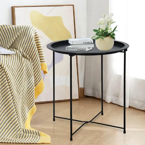 Miniatura 2 de Garden 4 you - Mesa auxiliar de metal negra redonda plegable con bandeja cian, mesa auxiliar redonda, para poner al lado del sofá, mesa