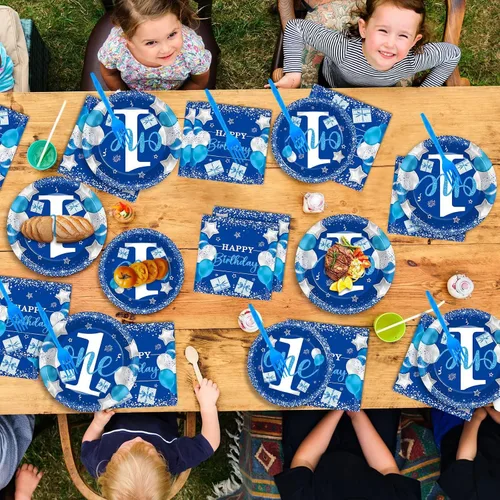 Miniatura 5 de Wiooffen Juego de vajilla para fiesta de cumpleaños de niño de 1 año, azul, 96 piezas, para 24 invitados, platos de papel, servilletas, tenedores