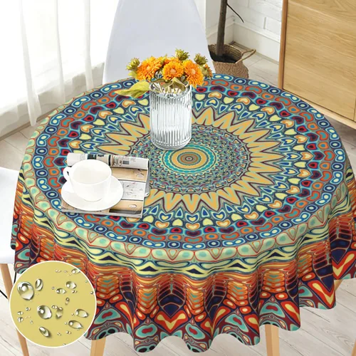 Mantel redondo bohemio de 60 pulgadas, mantel circular bohemio, resistente a las manchas, repelente al agua y sin arrugas, colorido mantel Mantel