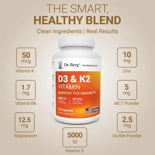 Miniatura 5 de Dr. Berg Fuerza Máxima 2-en-1 Vitamina D3 K2 5000 IU D3 Derivado Naturalmente 4 Veces Probado y Verificado en Laboratorio Fórmula de Alta