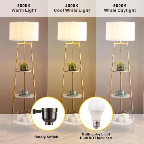 Miniatura 6 de ROSEN GARDEN Lámpara de pie, luz de lectura de pie con estantes de mármol sintético y pantalla de tela, lámpara moderna de poste alto, iluminación