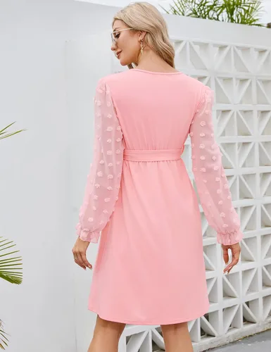 Miniatura 6 de Coolmee Vestido de maternidad de manga larga con lunares suizos, cuello en V, para otoño, casual, bohemio, vestido midi para baby shower, sesión