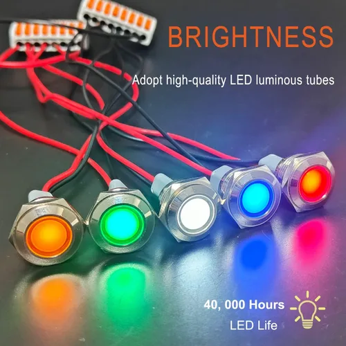 Miniatura 5 de 2 piezas de luz indicadora de metal de 16 mm, 110-220 V CA, 20 mA, impermeable IP67, lámpara piloto LED de cabeza plana con orificio de montaje