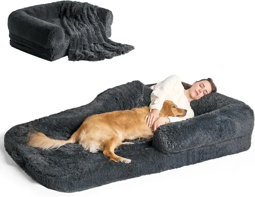 Miniatura 22 de EHEYCIGA Cama plegable XL para perros, 46 x 34 x 6.5 pulgadas, sofá cama mullida de piel sintética para perros grandes, cama ortopédica calmante