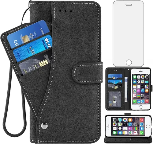 Asuwish Compatible con iPhone 5/5S/SE 2016 Funda tipo cartera y protector de pantalla de vidrio templado, soporte para tarjeta de crédito, soporte