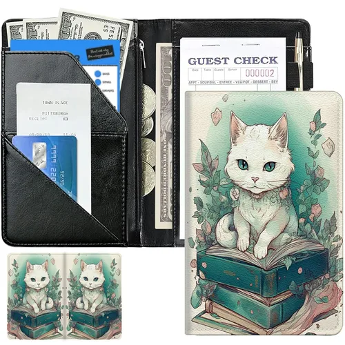 Librería de gato flores lindos libros de servidor para camarera, cartera de cuero para camarero con bolsillo para dinero, 5 x 8 camareras soporte
