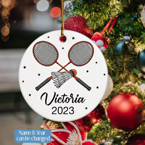 Miniatura 2 de Adorno de Navidad de bádminton 2024, adorno personalizado de jugador de bádminton con nombre y año, regalo personalizado de recuerdo de cerámica