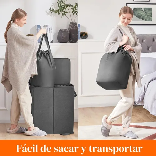 Miniatura 5 de Lifewit Cesta de lavandería doble con tapa y bolsas de lavandería extraíbles, gran plegable, 2 divisores, cesta de ropa sucia con asas para Negro