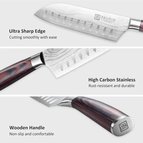 Miniatura 3 de PAUDIN - Cuchillo Santoku, cuchillo de chef de 5 pulgadas, cuchillo de cocina ultra afilado, cuchillo de chef japonés con funda, acero inoxidable