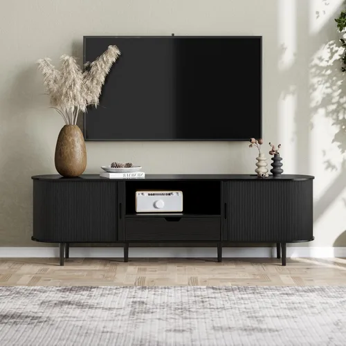 DHH Soporte de TV acanalado de 71 pulgadas con toma de corriente para televisores de hasta 80 pulgadas, consola de TV con estantes ajustables y Negro