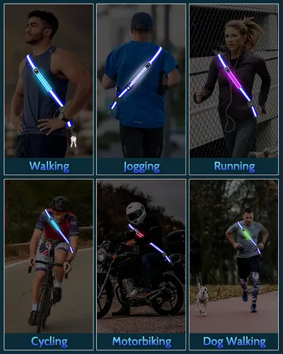 Miniatura 8 de Fitense LED Reflective Belt Sash - 5 Lights Colors & 3 Light Modes High Visibility Night Safety Belt, Rechargeable Light Up Running Gear Adjustable
