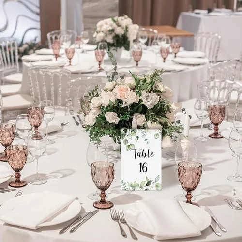 Miniatura 7 de Zonon 26 Piezas Tarjetas de Números de Mesa de Boda 1-25 con Números de Mesa Principal Tarjetas de Doble Cara de Follaje de Eucalipto Centros