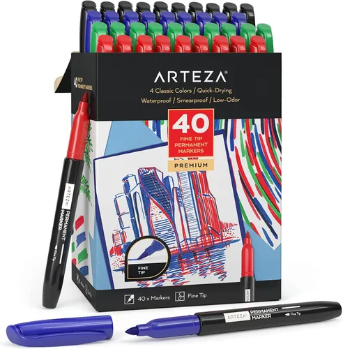 Arteza Marcadores permanentes de colores, juego de 40, 4 colores clásicos, bolígrafos de pintura de punta fina, a prueba de manchas, impermeables,