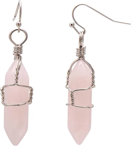 Pendientes de cristal de punta envuelta en alambre de piedra pulida para mujer Reiki Energy Healing