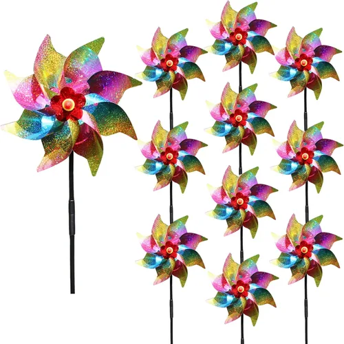 10 molinillos reflectantes arcoíris de 21 pulgadas con estacas, molinos de viento para exteriores, para patio, jardín, césped, granja, decoración