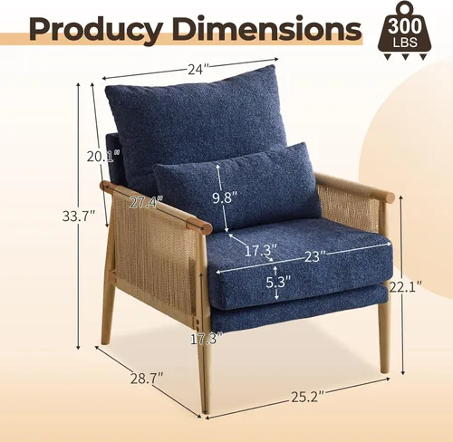 Miniatura 2 de Karl home Acogedora silla decorativa de felpilla con almohada lumbar y brazos de ratán, silla moderna para sala de estar, dormitorio, rincón de Azul