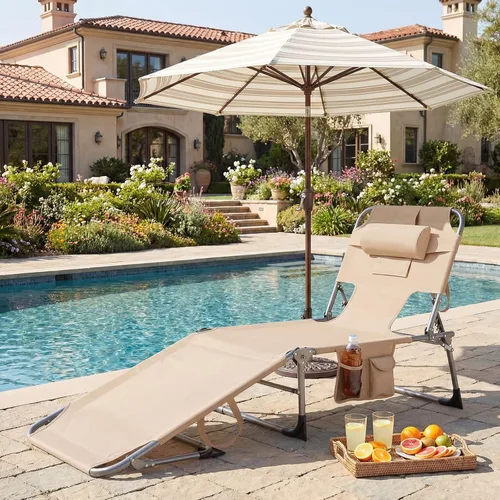 Miniatura 2 de Tangkula Silla de Bronceado con Orificio para la Cara, Silla Reclinable Plegable y Ajustable para Patio, Playa, Tomar el Sol con Bolsillo Lateral