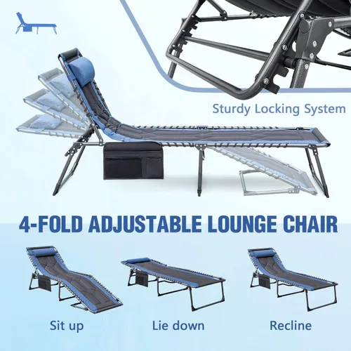 Miniatura 4 de Devoko Silla reclinable plegable portátil acolchada de 4 pliegues para exteriores de servicio pesado con almohada y bolsillo lateral para patio, Azul