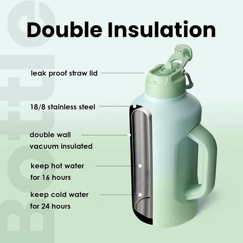 Miniatura 3 de BOTTLE BOTTLE Botella de agua aislada de 64 onzas con popote y tapa de doble uso, botella de agua de acero inoxidable con asa, jarra aislada al