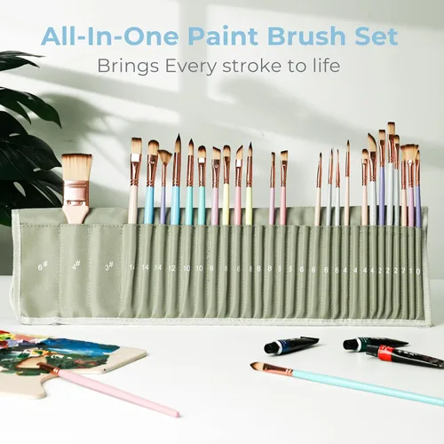 Miniatura 2 de Nicpro Juego de 30 pinceles de pintura, pinceles estéticos pastel con espátula de pintura y rollo de tela, pinceles de pintura para pintura