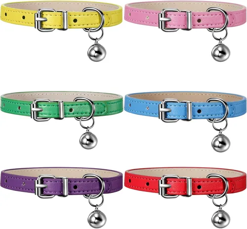 Miniatura 8 de Weewooday 6 piezas de collar de cuero para gato con campana, lindo collar de cuero para gatito para niños y niñas, gatos para cachorros pequeños