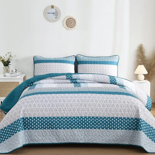 Miniatura 2 de WONGS BEDDING Edredón Azul Gris Tamaño Queen, Juegos de Edredón de Rayas Bohemias 3 Piezas Azul y Gris Boho Juego de Colcha Acolchada de Microfibra