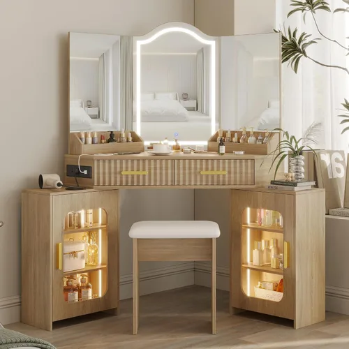 Miniatura 10 de Escritorio esquinero con espejo de 3 vías y luces LED, juego de mesa de maquillaje con estación de carga, cajones de almacenamiento y armarios