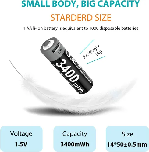 Miniatura 5 de Paquete de 4 baterías de litio recargables AA con cable de carga USB-C, 1000 ciclos, 1.5 V, 3400 mWh, baterías dobles A