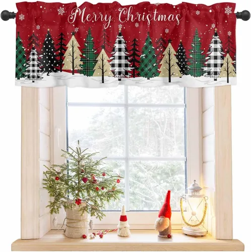 Miniatura 11 de Cenefa de Navidad para Ventanas Cortinas de Árbol de Navidad Alegre Cenefas con Bolsillo para Barra Cenefa Tratamientos para Ventanas Cuadros Árbol
