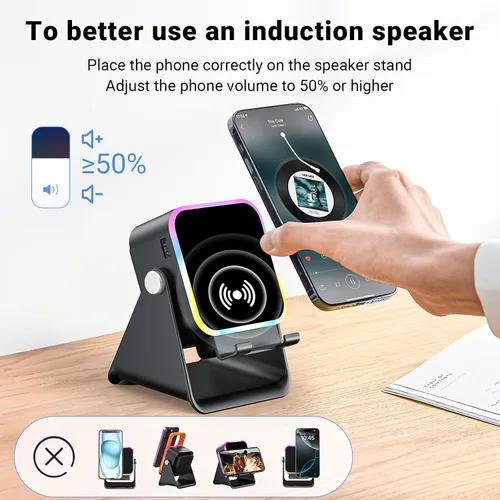 Miniatura 11 de Altavoz de inducción con soporte para teléfono 5 en 1 Audio inalámbrico de inducción Bluetooth para iPhone Android Altavoz con amplificador con luz