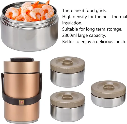 Miniatura 3 de 2.3L Vacuum Insulated Food Container with 3 Stackable Compartments 304 Stainless Steel Leak Proof Adults Thermal Food Jar for Work Travel Picnic Gold