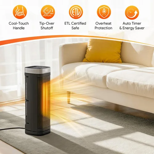 Miniatura 2 de Calentador de espacio de 17 pulgadas, calentadores eléctricos de 1500 W para uso en interiores con termostato, oscilación de 70°, 5 modos, control