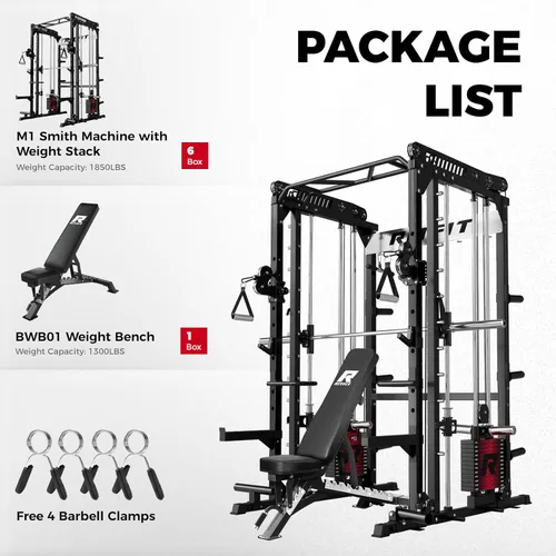 Miniatura 3 de RitFit Paquete de máquina M1 Pro Smith, jaula de potencia todo en uno con juego de pilas de pesas, incluye sistema LAT Pulldown y cable cruzado