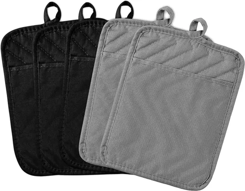 Miniatura 10 de Juego de 5 agarraderas de algodón con bolsillo para cocina, resistentes al calor, lavables a máquina, almohadillas calientes, guantes de horno a