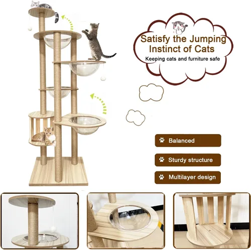 Miniatura 5 de Árbol para gatos de 183 cm para gatos de interior, grande para adultos, con 4 cuencos, 12 postes de rascar de sisal, 1 jaula para gatos, posadero