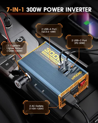 Miniatura 2 de Inversor de corriente de 300 W DC 12 V a 110 V Adaptador de CA con dos salidas de CA/2 puertos USB PD30W USB-C/2 QC18W/1 toma de encendedor