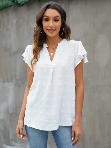 Miniatura 2 de Blooming Jelly Blusa blanca para mujer cuello en V manga con volantes camisas fluidas elegantes casuales lindas camisetas de verano