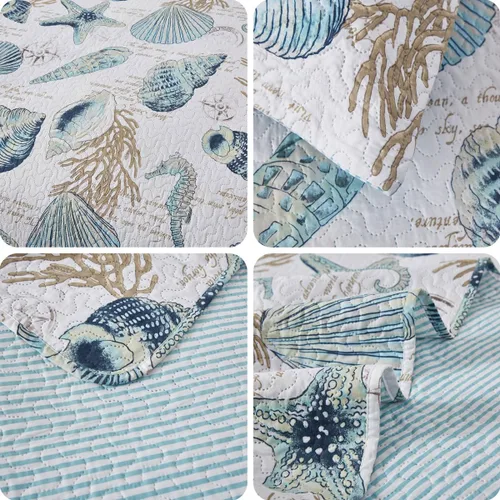 Miniatura 4 de 3 piezas de colcha de conchas de playa tamaño Queen, diseño de tema oceánico, conchas de mar, concha de concha, colcha de verano ligera y delgada