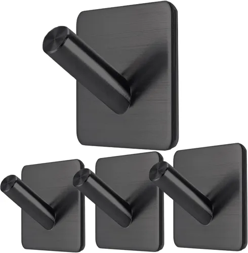 Fotosnow Ganchos de pared adhesivos negro mate, curva de bloqueo de 15 libras, antideslizante, acero inoxidable, sin taladro, ganchos para baño,