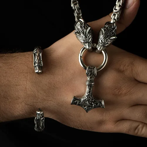 Miniatura 5 de VikingsBrand Handmade Stainless Steel Thors Hammer Necklace with Wolf Heads Mjolnir Pendant Viking Gifts for Men Norse Jewelry for Men Authentic
